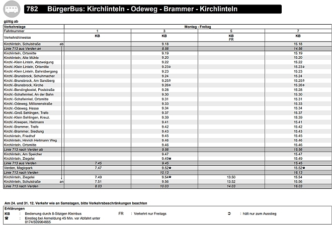 Fahrplan der Linie 782