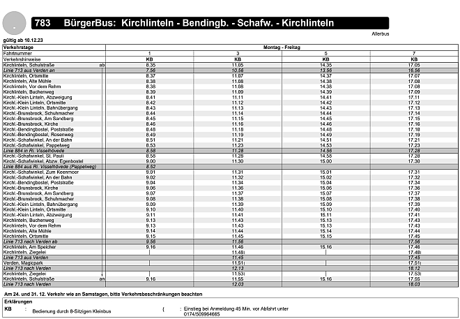 Fahrplan der Linie 783